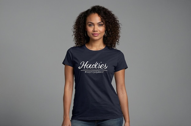 une femme portant une chemise bleue avec les mots " affectueux " sur elle