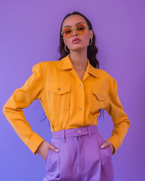 une femme portant une chemise jaune avec une paire de lunettes orange