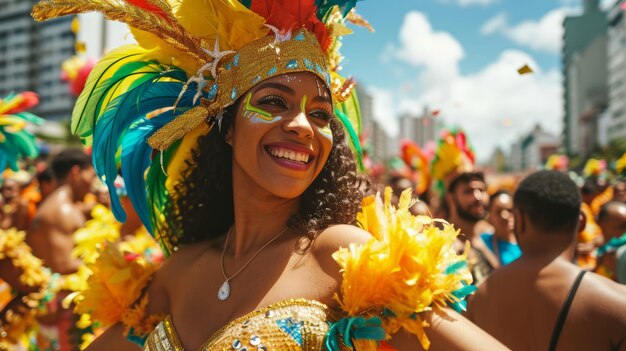 Photo une femme portant une coiffure colorée et des plumes dans un défilé