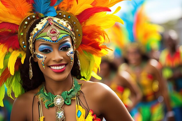 Une femme portant une coiffure colorée avec des plumes sur la tête