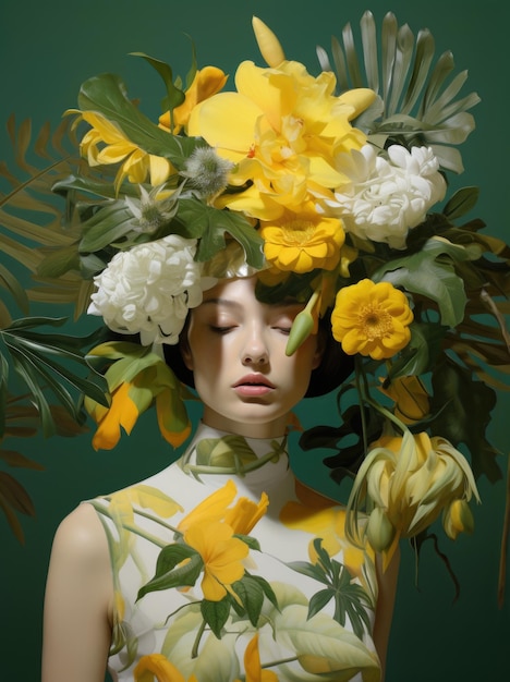 Une femme portant une coiffure florale avec des fleurs jaunes et blanches