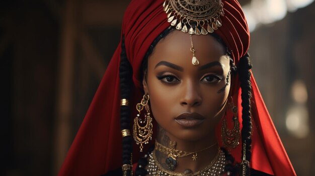 Une femme portant une coiffure rouge et des bijoux