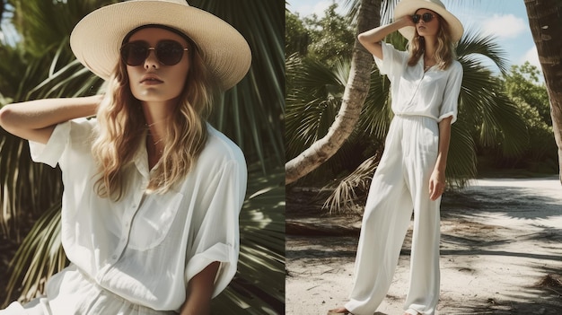 Une femme portant une combinaison blanche et un chapeau se tient sur une plage.