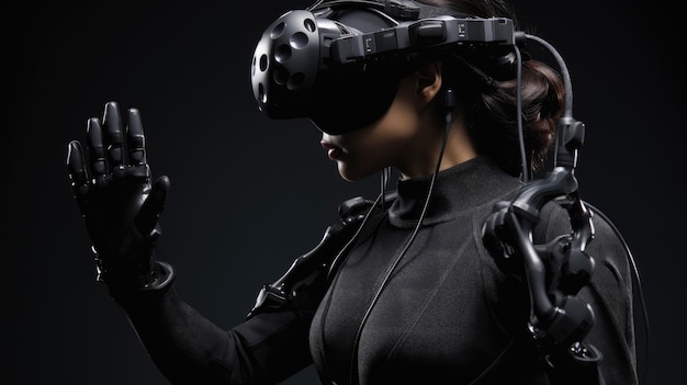 Femme portant une combinaison haptique VR et des gants et un casque VR Generative AI