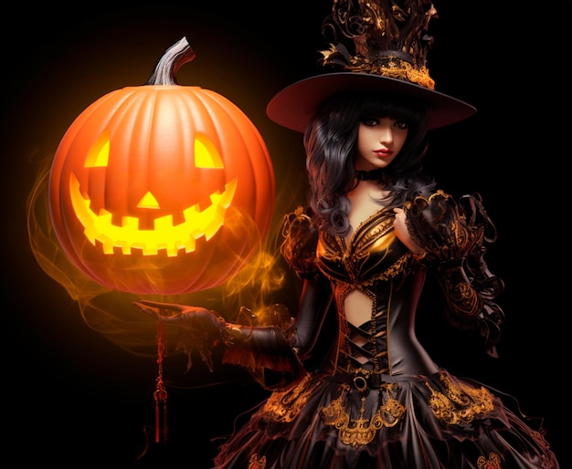 femme portant un costume de sorcière tenant une citrouille