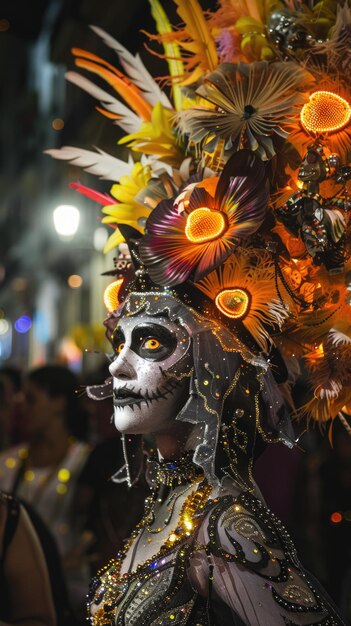 Une femme portant un costume vibrant orné de fleurs sur sa tête captivant au défilé du carnaval de Rio la nuit