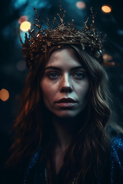 Une femme portant une couronne dans une pièce sombre