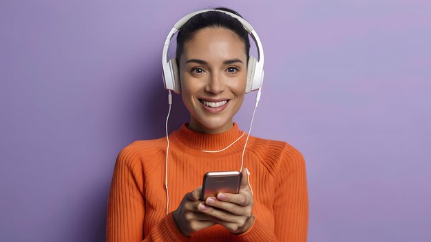 Une femme portant un écouteur orange avec des écouteurs blancs sur un téléphone et souriant l'arrière-plan est violet