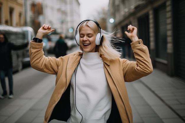 Une femme portant des écouteurs danse dans une rue.