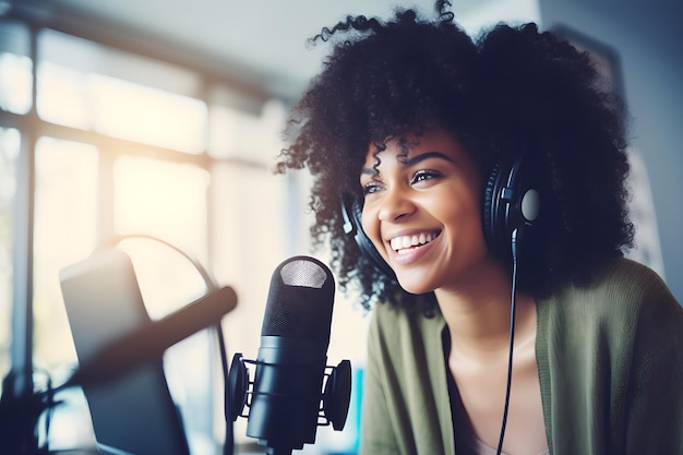 Une femme portant des écouteurs est assise devant un microphone et sourit.