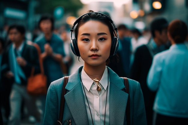 Une femme portant des écouteurs marche dans une rue animée.