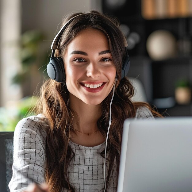 Une femme portant des écouteurs et utilisant un ordinateur portable