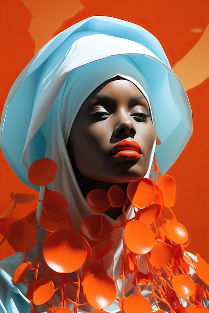 une femme portant un foulard blanc et un collier orange