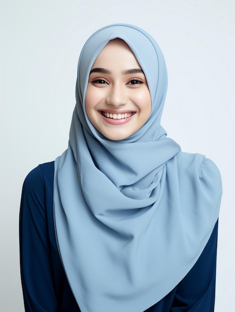 une femme portant un foulard bleu avec un sourire sur son visage.