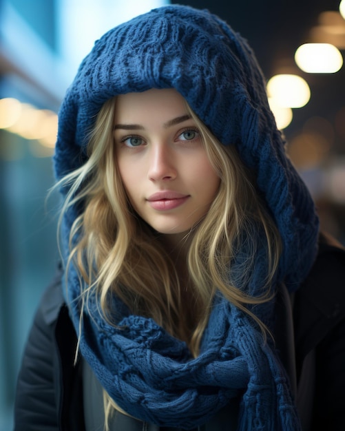 une femme portant un foulard bleu