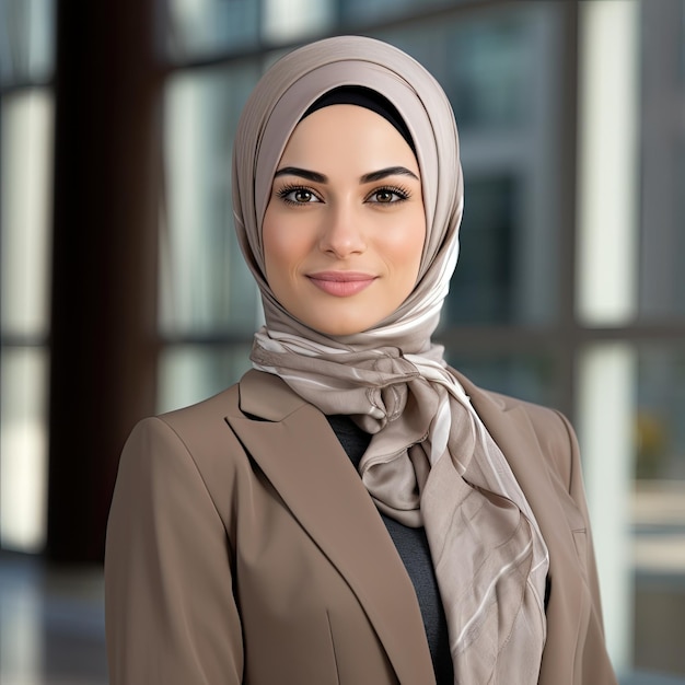 une femme portant un foulard et un costume