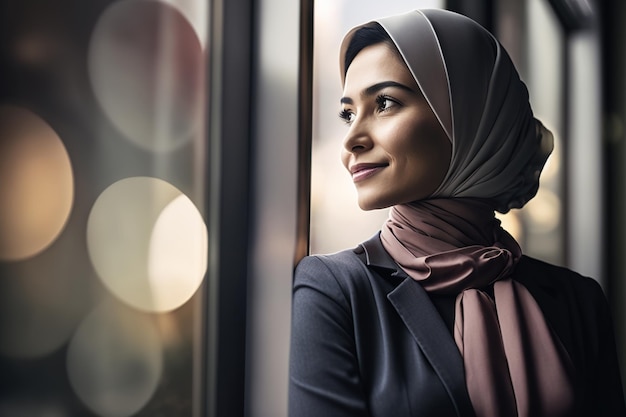 Une femme portant un foulard regarde par la fenêtre