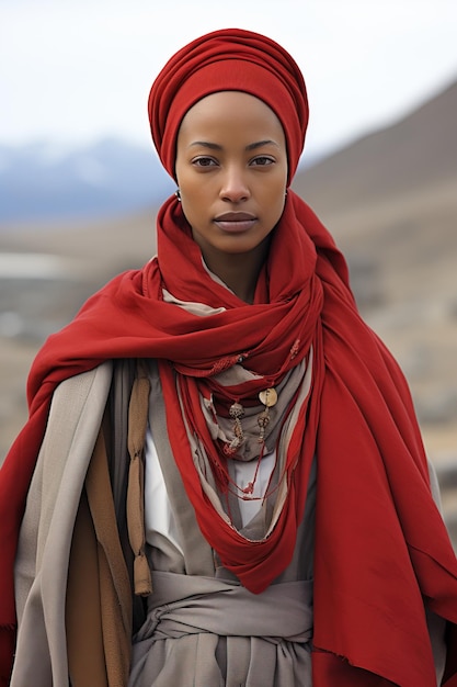 une femme portant un foulard rouge et un voile rouge sur la tête