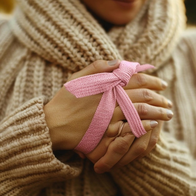 Photo une femme portant un foulard avec un ruban rose autour de son cou