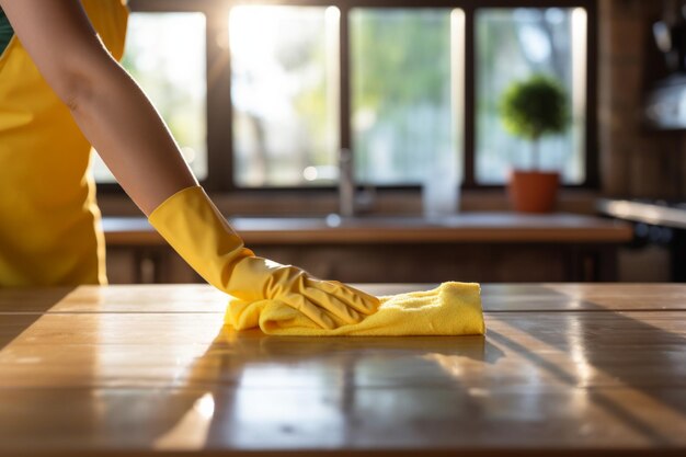 Une femme portant des gants en caoutchouc est vue en train de dépoussiérer une table en bois dans une cuisine.