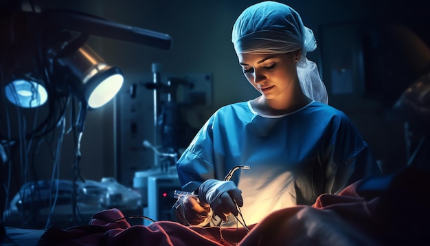 Une femme portant un gommage et un masque opère un patient.