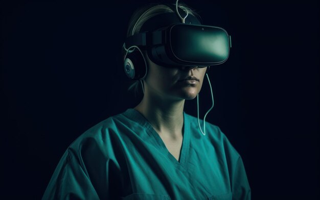 Une femme portant un gommage vert et un casque se tient dans une pièce sombre.