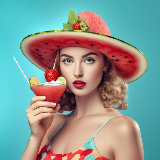 Une femme portant un grand chapeau avec une grosse pastèque sur la tête tient un verre à cocktail.