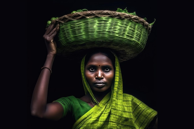 Une femme portant un grand panier tressé sur la tête peut-être rempli de produits ou d'autres articles