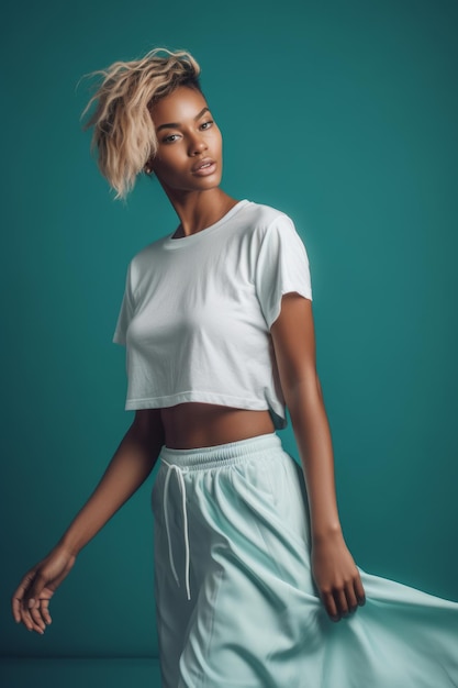 Une femme portant un haut blanc et un haut blanc se tient devant un fond vert.