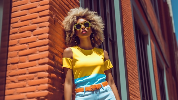 Une femme portant un haut jaune et un jean bleu se tient devant un mur de briques.