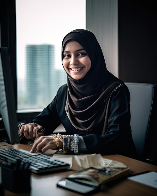 Une femme portant un hijab assise à un bureau dans Generative Ai