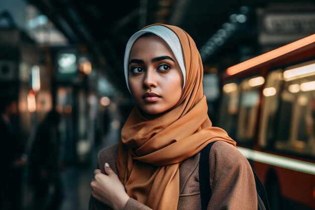Une femme portant un hijab beige se tient dans une station de métro