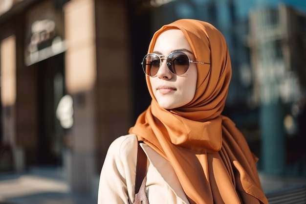 Une femme portant un hijab et des lunettes de soleil se tient devant un bâtiment.