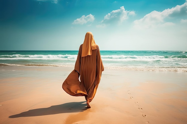 Femme portant un hijab marchant seule sur la plage