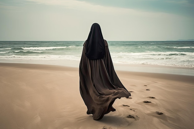 Femme portant un hijab marchant seule sur la plage