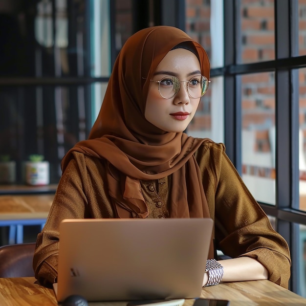 Photo une femme portant un hijab avec un ordinateur portable sur ses genoux