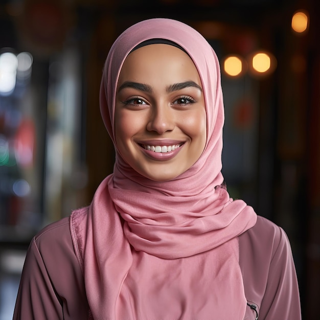 une femme portant un hijab rose avec une écharpe rose