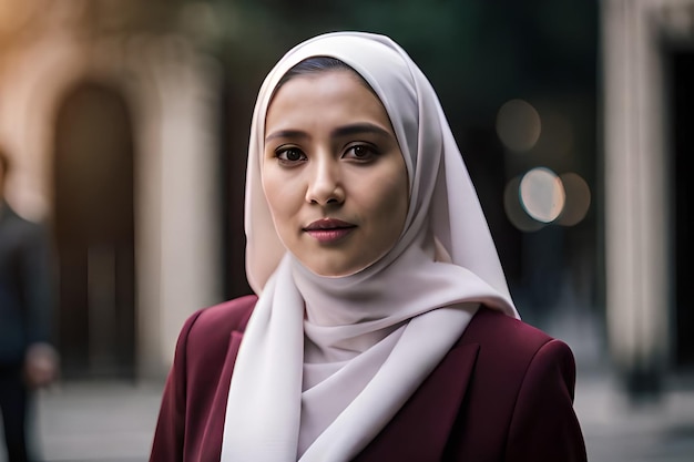 Une femme portant un hijab rouge se tient dans une rue.