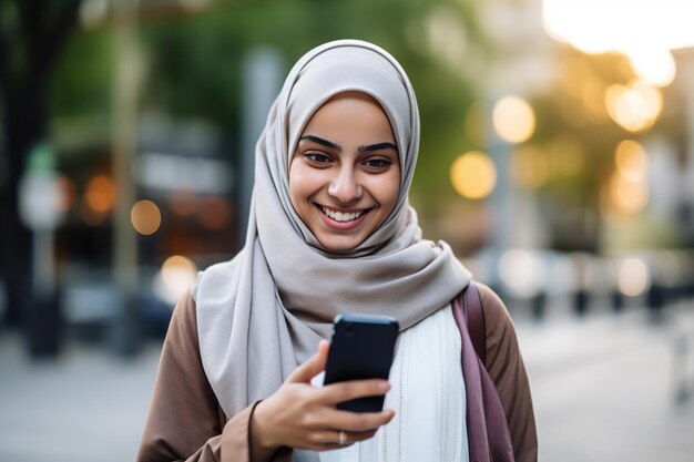 Une femme portant un hijab utilisant un smartphone dans une ville