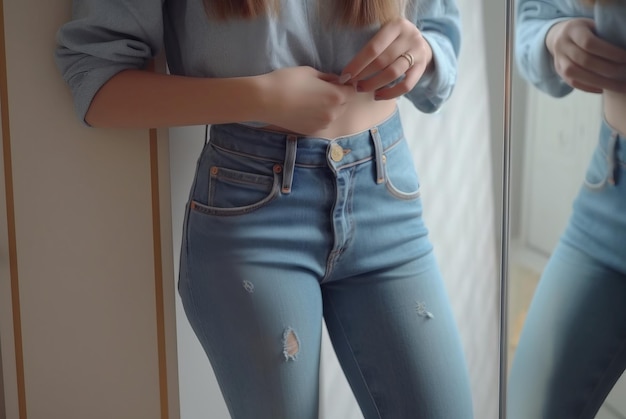 Une femme portant des jeans à taille haute élégants Un corps féminin en denim à la mode Un pantalon à la mode