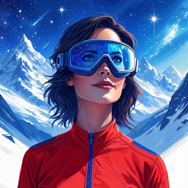 Photo une femme portant des lunettes bleues et une veste rouge debout contre un fond de montagnes enneigées sous un ciel étoilé