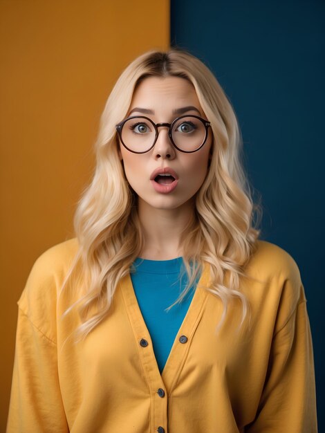 une femme portant des lunettes et une chemise bleue avec une chemise Bleue qui dit qu'elle porte un pull jaune