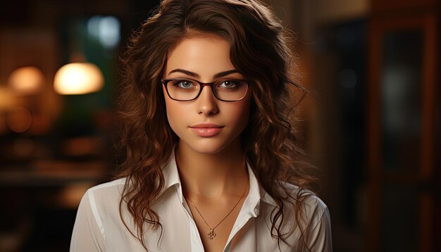 Photo une femme portant des lunettes et une chemise avec une chemise blanche qui dit qu'elle porte