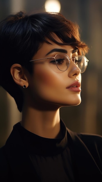 Femme portant des lunettes cheveux raides courts