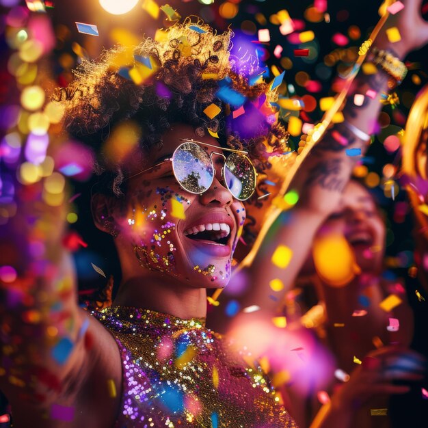 Photo une femme portant des lunettes et un collier rit et rit avec des confettis en arrière-plan