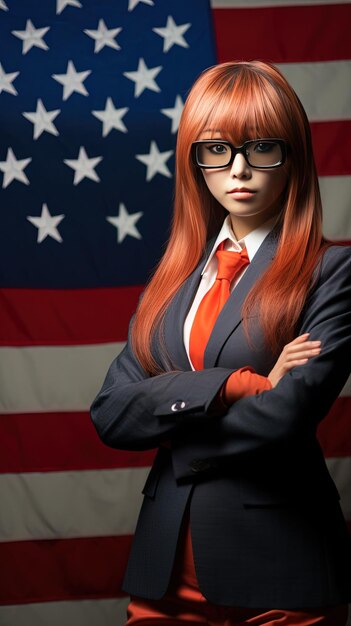 Photo une femme portant des lunettes et une cravate se tient devant un drapeau