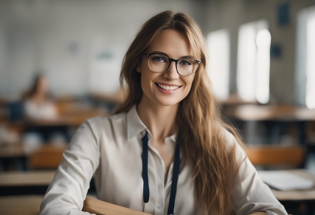 une femme portant des lunettes est assise dans une salle de classe avec un livre sur ses genoux