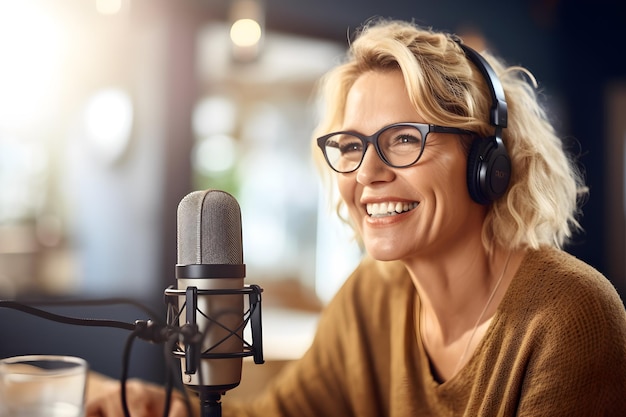 Une femme portant des lunettes est assise devant un microphone et parle dans un microphone.