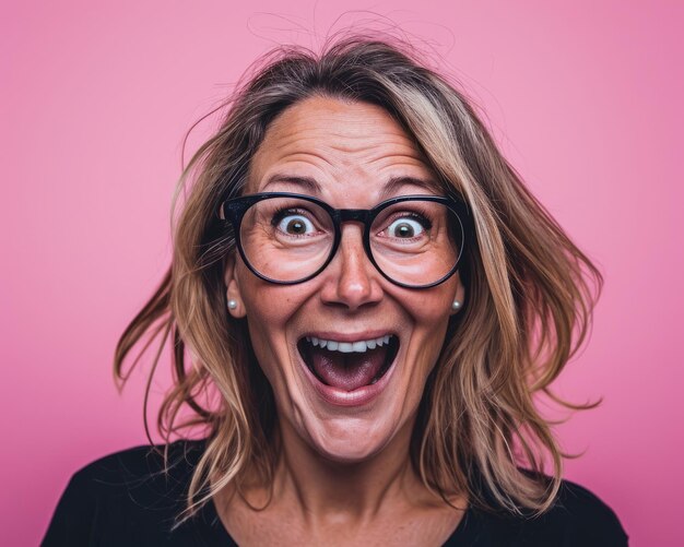 Photo une femme portant des lunettes et faisant un visage surpris sur un fond rose