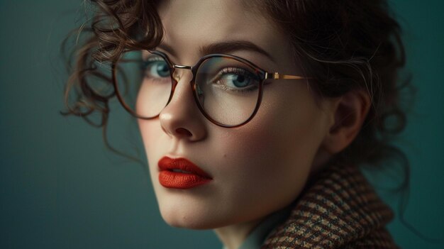 une femme portant des lunettes et un foulard avec des lèvres rouges